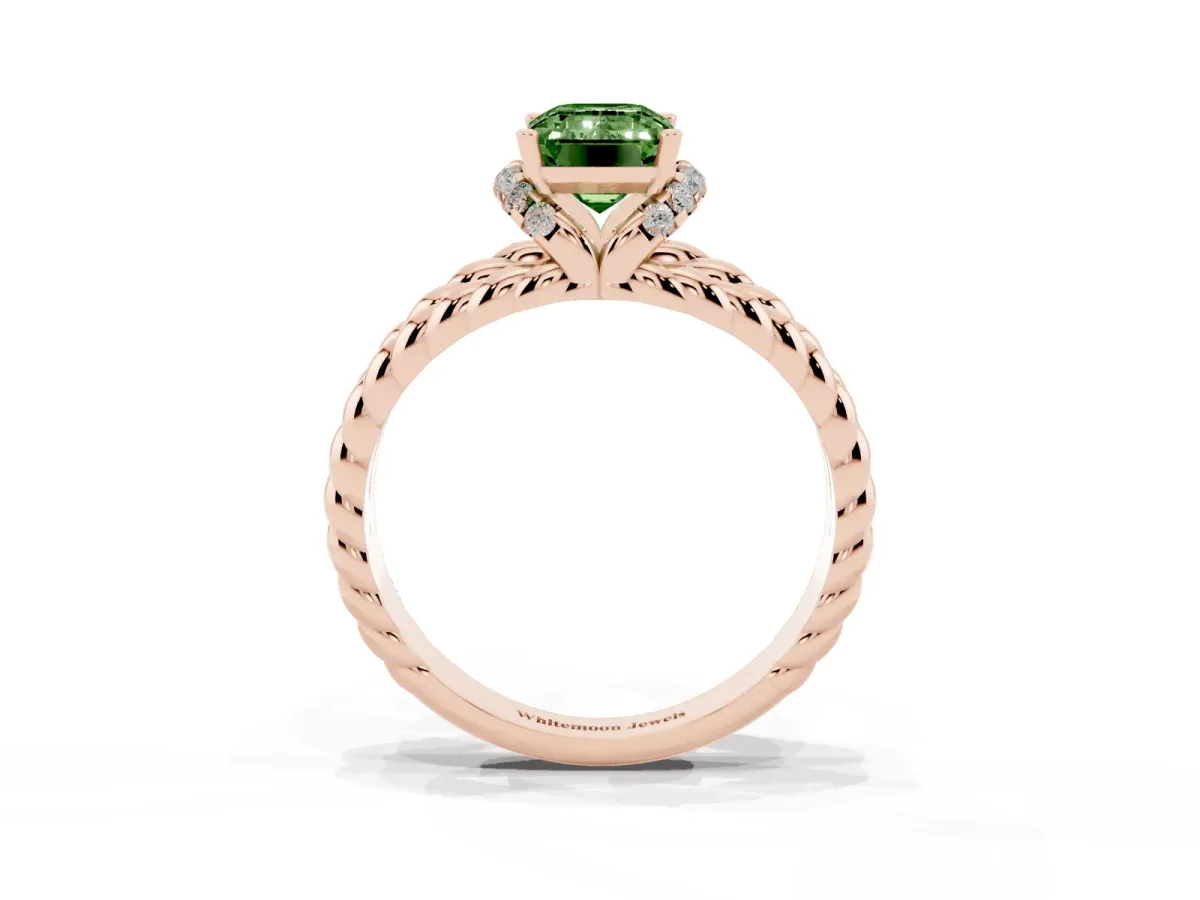 Fancy Green Emerald Cut Halo Twisted Band Four-Prong Ring Rose gold