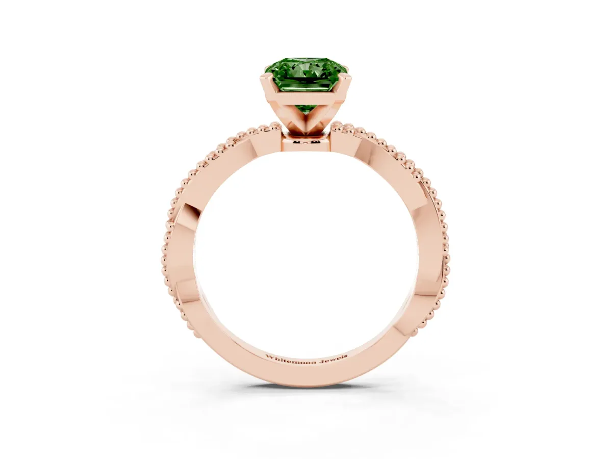 Fancy Green Radiant Cut Solitaire Twisted Band with Bead Prong Setting Rose gold