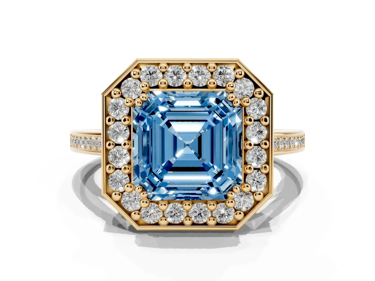 Fancy Blue Asscher Cut Diamond Halo Ring with Split Shank and Four-Prong Setting Yellow gold