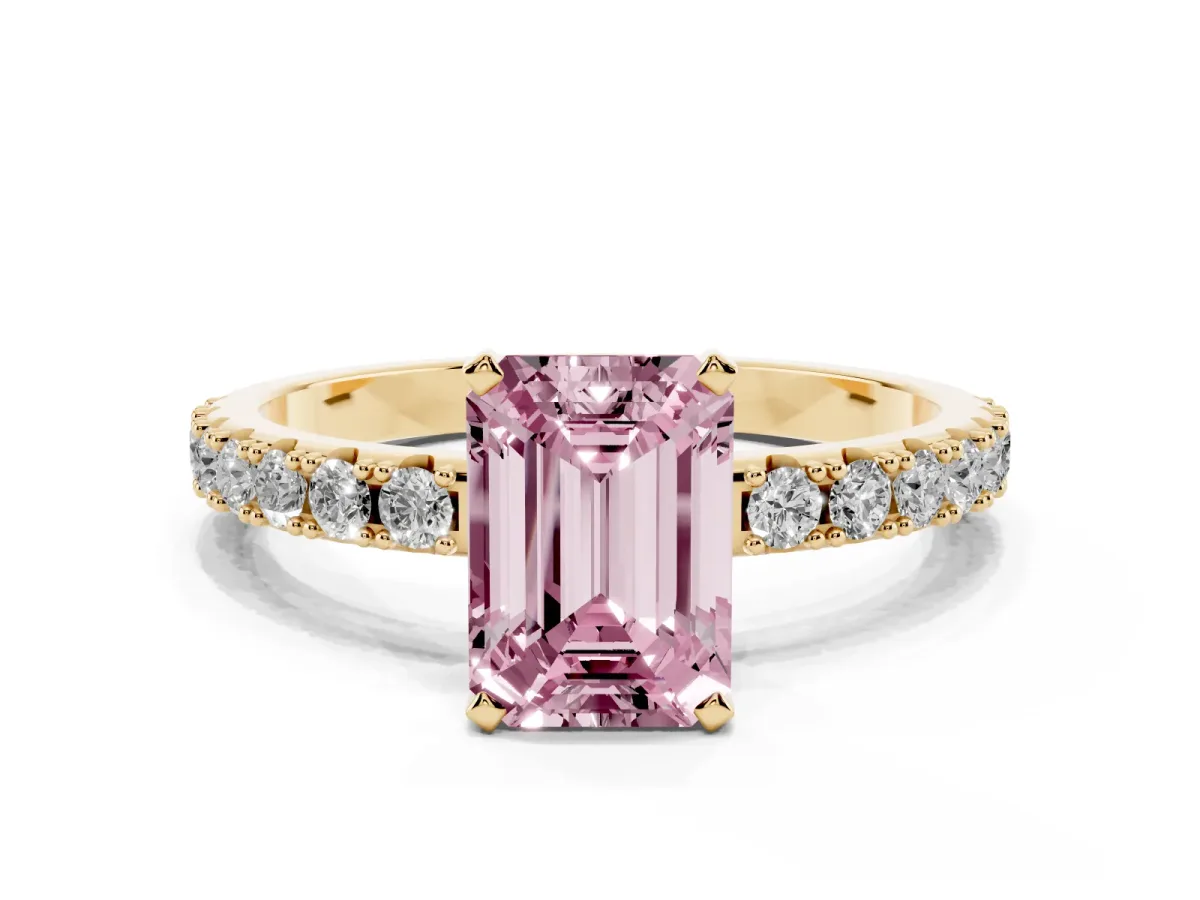 Fancy Pink Emerald Cut Diamond Solitaire Pavé Band with Four-Prong Setting Yellow gold