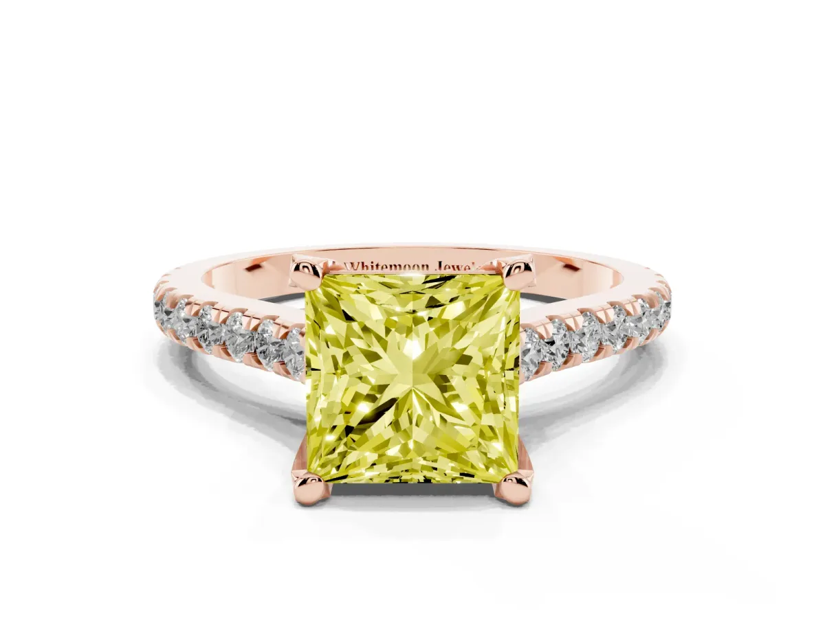 Fancy Yellow Princess Cut Brilliant Diamond Solitaire with Pavé Band and Four-Prong Setting Rose gold
