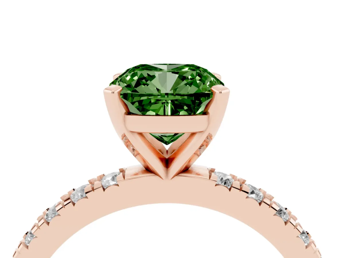 Fancy Green Cushion Cut Diamond Pavé Band Solitaire with Four-Prong Setting Rose gold