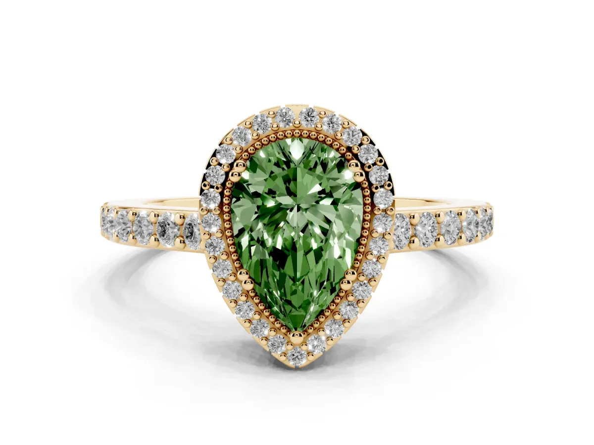 Fancy Green Pear Cut Cut Diamond Halo Engagement Ring with Milgrain Detail and Pavé Band Yellow gold