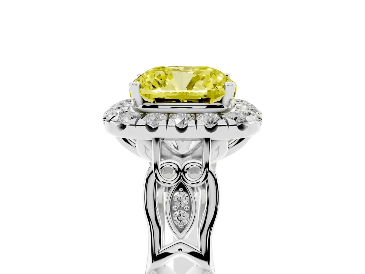 Fancy Yellow Cushion Cut Halo Diamond Engagement Ring with Filigree Band and Four-Prong Setting White gold
