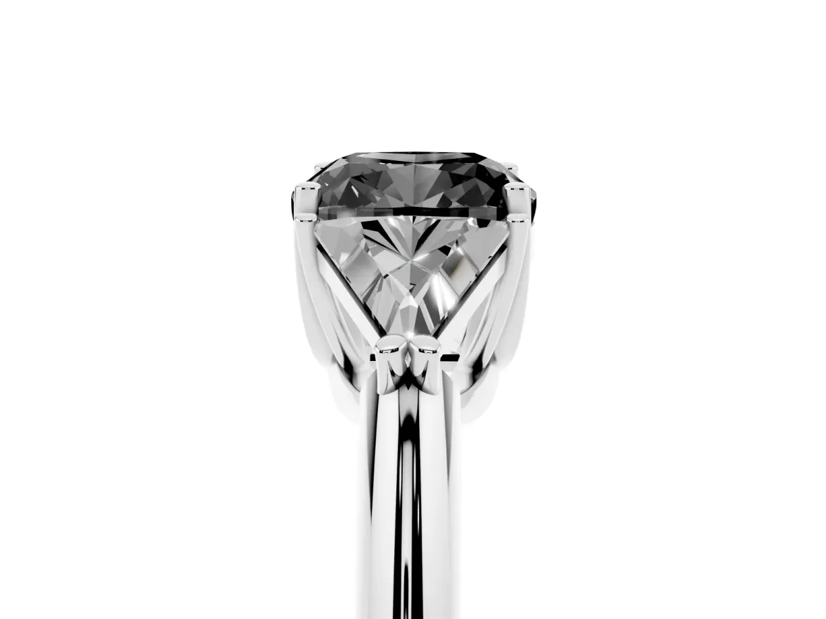 Fancy Black Three-Stone Cushion Cut Diamond Engagement Ring with Trillion Side Stones and Prong Setting Silver