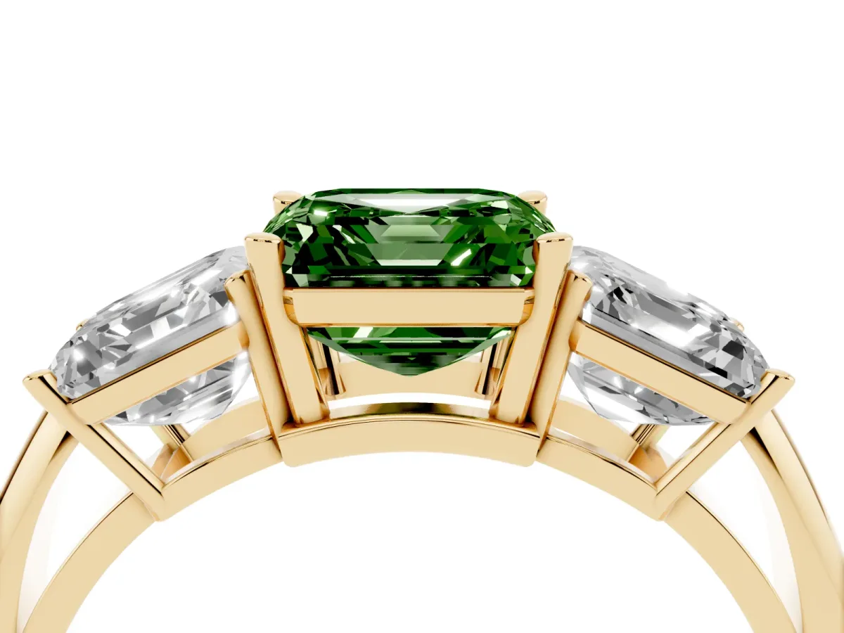 Fancy Green Three-Stone Asscher Cut Cut Diamond Engagement Ring with Prong Setting on a White Gold Band Yellow gold