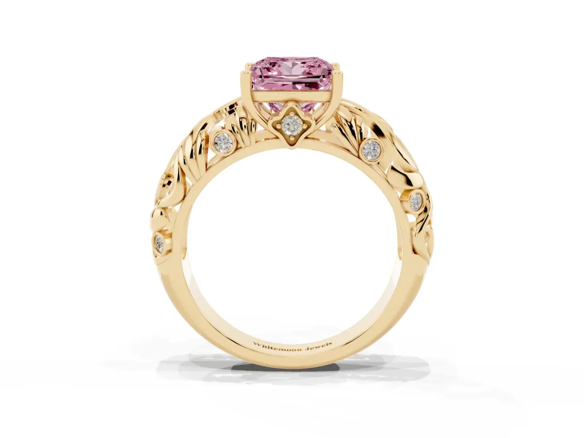 Fancy Pink Princess Cut Solitaire Diamond Leaf-Inspired Vine Band Ring with Prong Setting Yellow gold