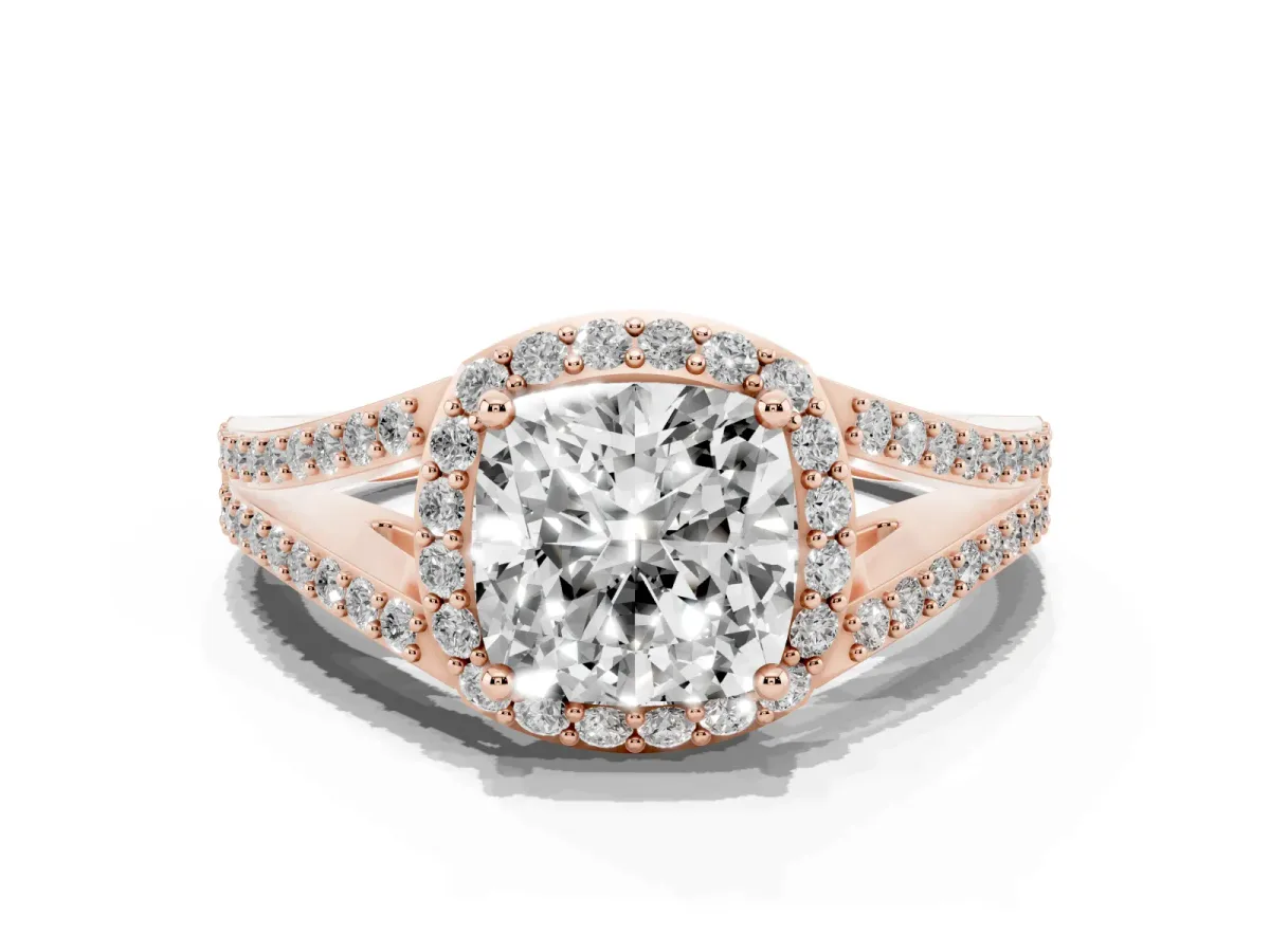 Cushion Cut Halo Split Shank Pave Diamond Ring with Four-Prong Setting Rose gold