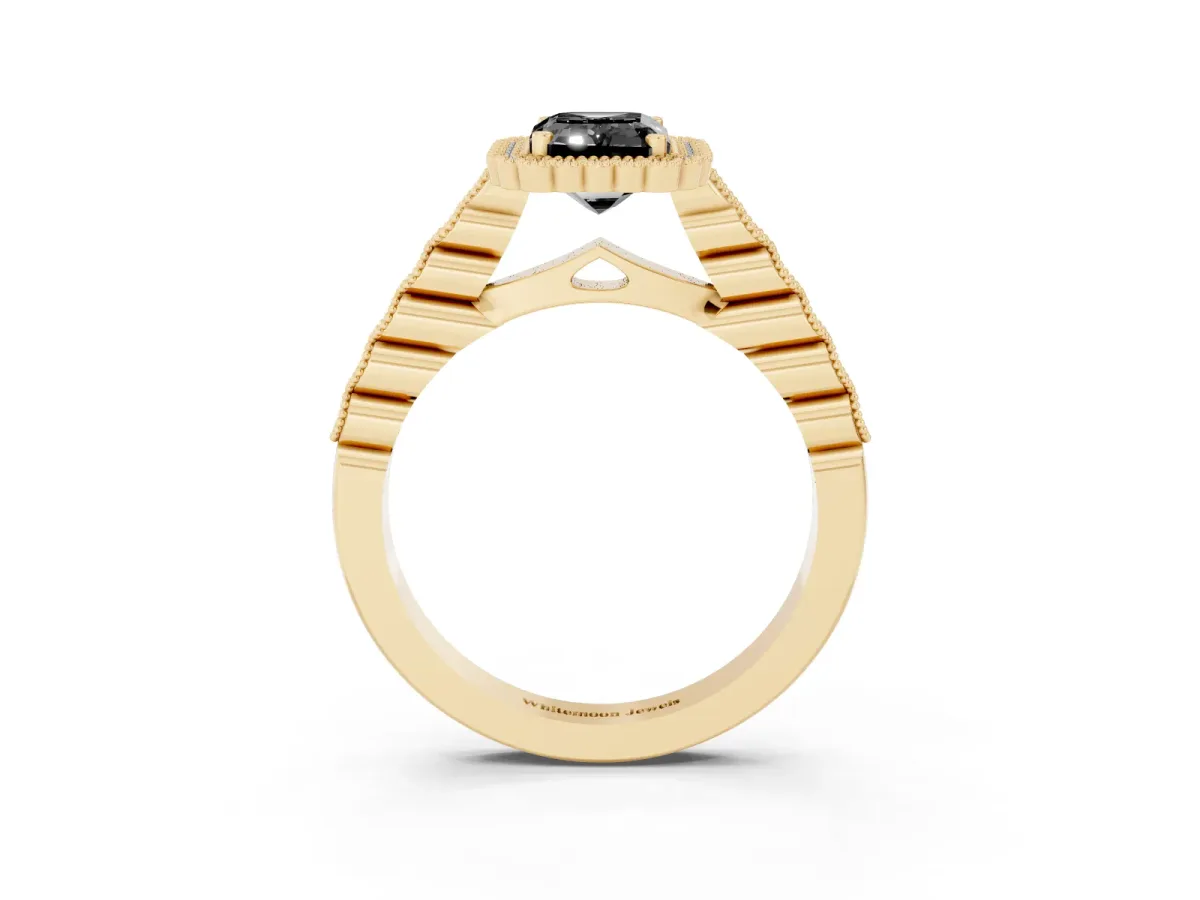 Fancy Black Emerald Cut Cut Halo Pavé Solitaire Ring with Milgrain Band Yellow gold