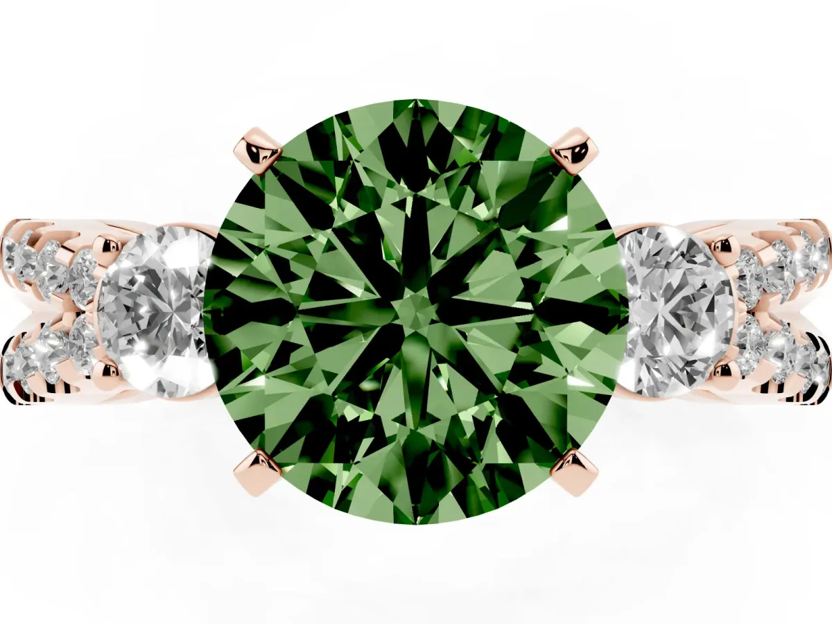 Fancy Green Round Cut Diamond Three-Stone Ring with Pavé Split Shank and Four-Prong Setting Rose gold