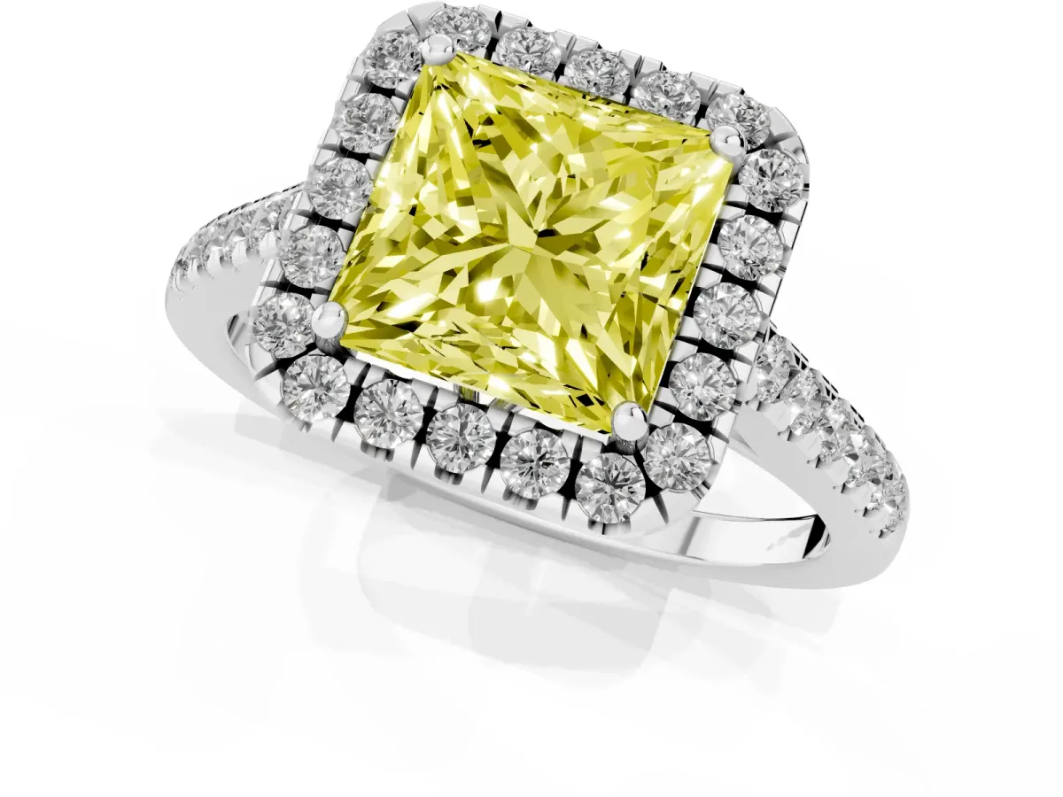 Fancy Yellow Princess Cut Halo Pavé Diamond Engagement Ring with Four-Prong Setting Silver
