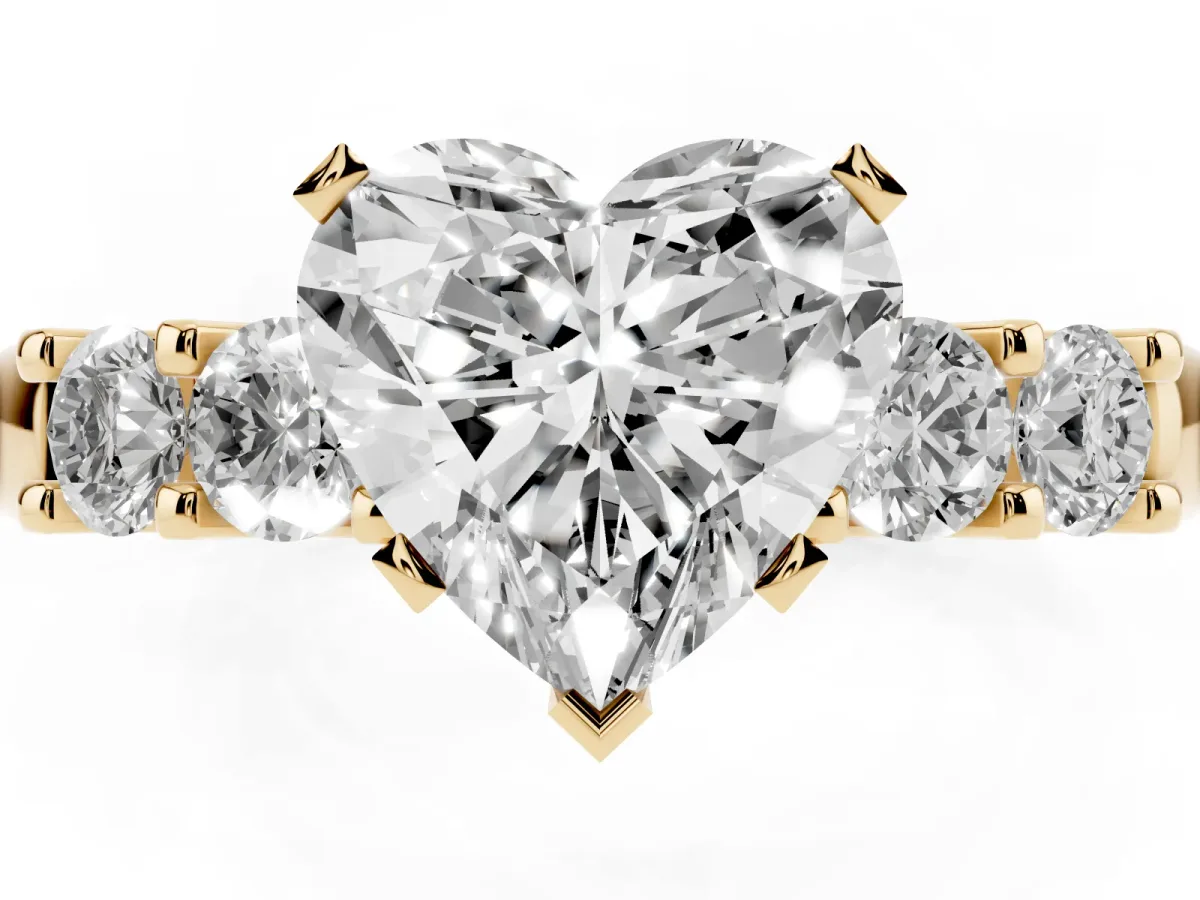 Heart Cut Brilliant Cut Diamond Five-Stone Prong Set Engagement Ring with Channel Band Yellow gold