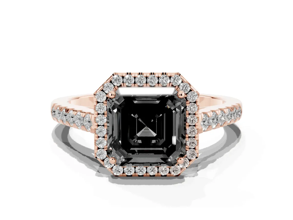 Fancy Black Asscher Cut Halo Pave Diamond Engagement Ring with Four-Prong Setting Rose gold