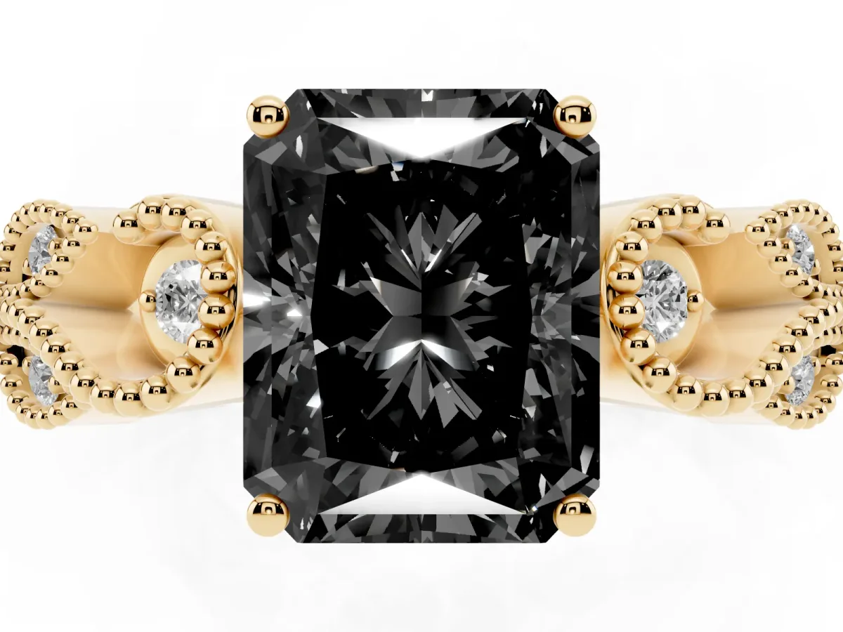 Fancy Black Princess Cut Solitaire Milgrain Leaf Band with Prong Setting Yellow gold