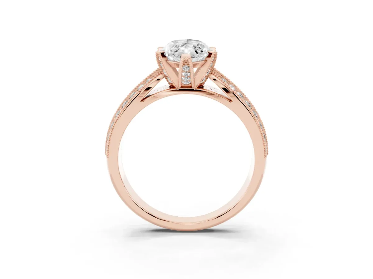 Marquise Cut Diamond Solitaire Ring with Milgrain Round Pavé Band and Prong Setting Rose gold