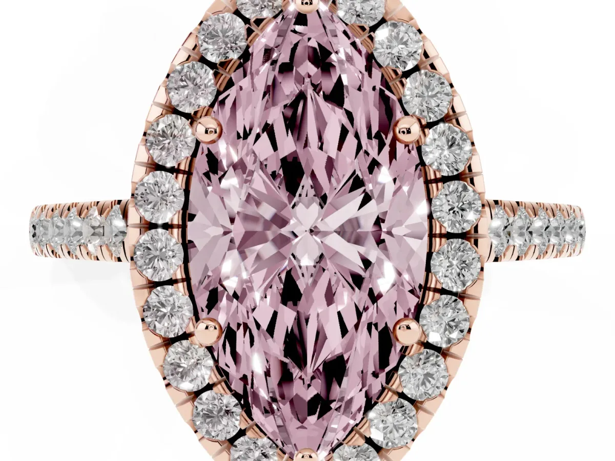 Fancy Pink Marquise Cut Halo Pavé Diamond Engagement Ring with Four-Prong Setting Rose gold