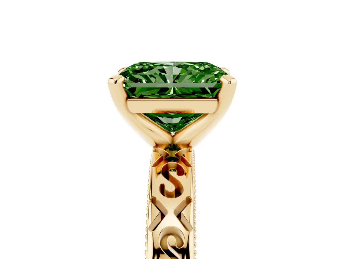 Fancy Green Radiant Cut Solitaire Engagement Ring with Scrollwork Band and Four-Prong Setting Yellow gold