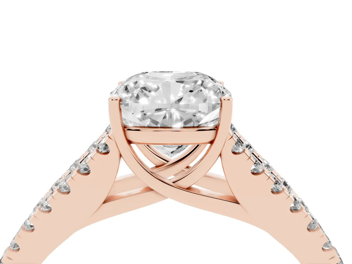Cushion Cut Diamond Split Shank Engagement Ring with Round Pavé and Prong Setting Rose gold