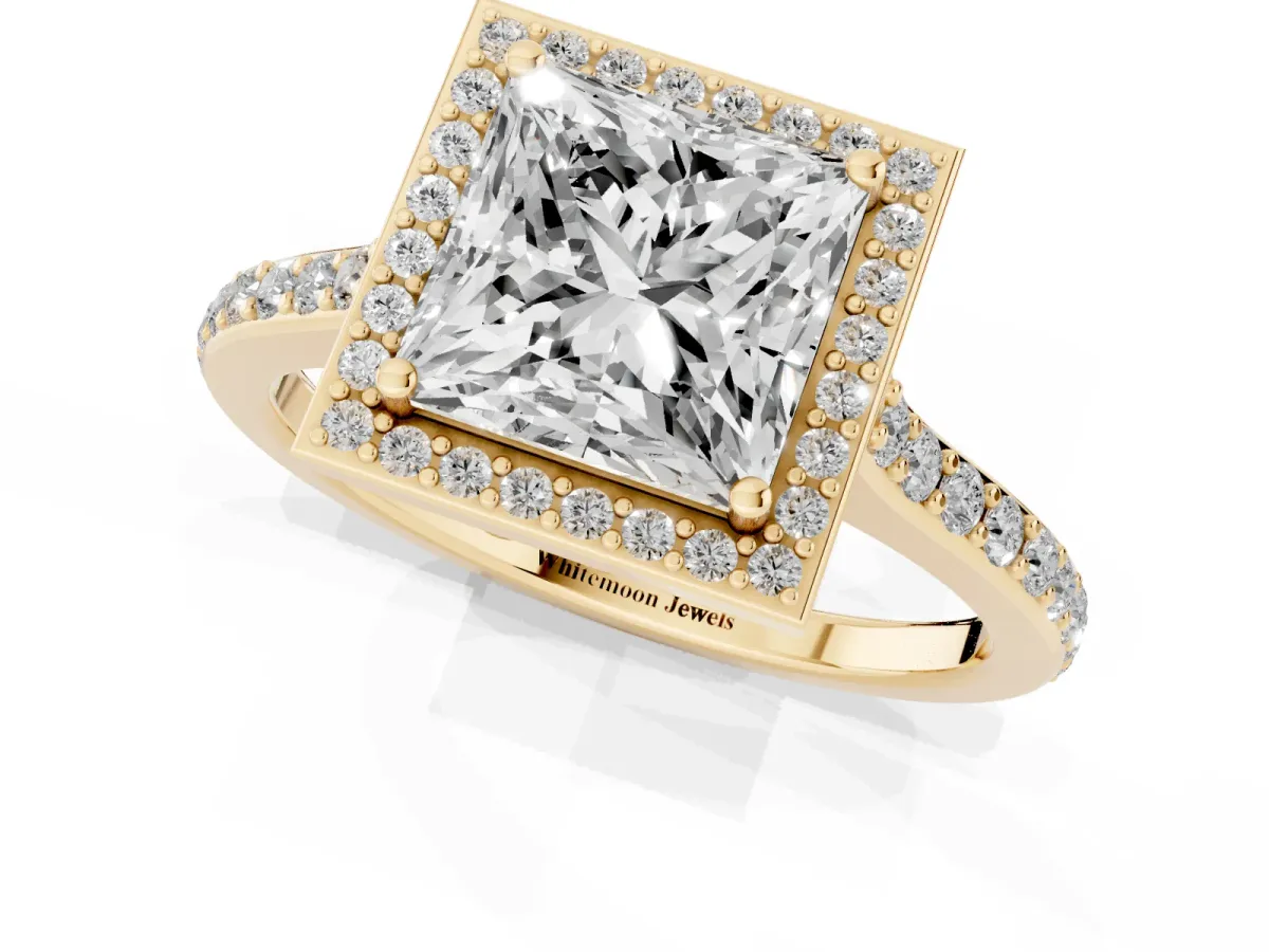 Princess Cut Diamond Halo Engagement Ring with Round Pavé Shoulders and Prong Setting Yellow gold