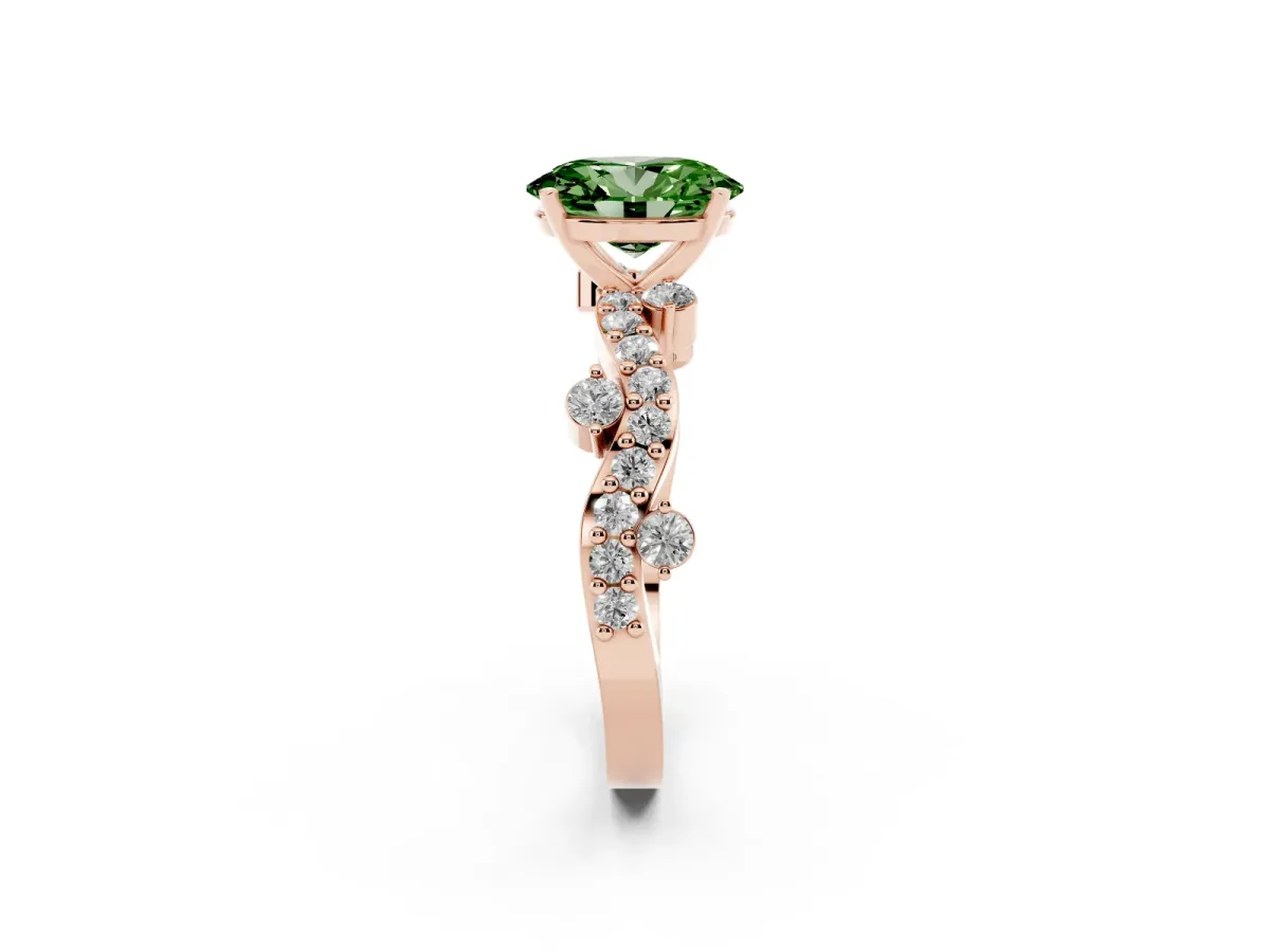 Fancy Green Oval Cut Cut Solitaire Diamond Twisted Band with Pave Setting Rose gold