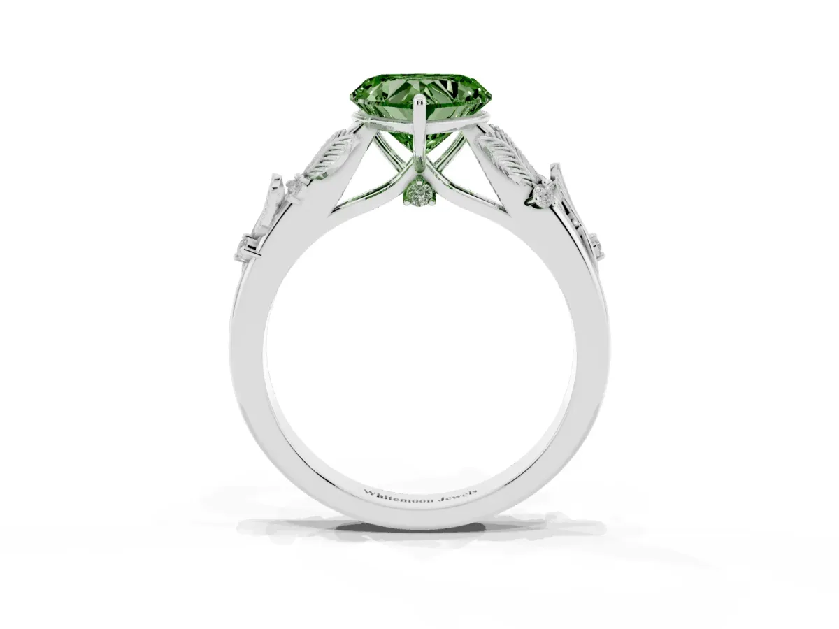 Fancy Green Heart Cut Diamond Solitaire Ring with Leaf Motif Band and Four-Prong Setting Silver
