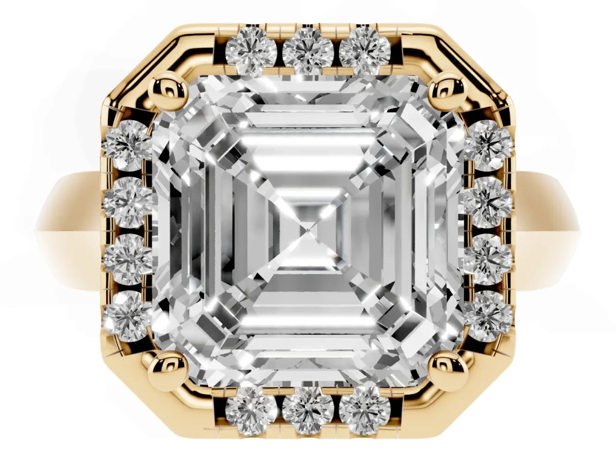 Asscher Cut Cut Halo Solitaire Engagement Ring with Square Band and Four-Prong Setting Yellow gold