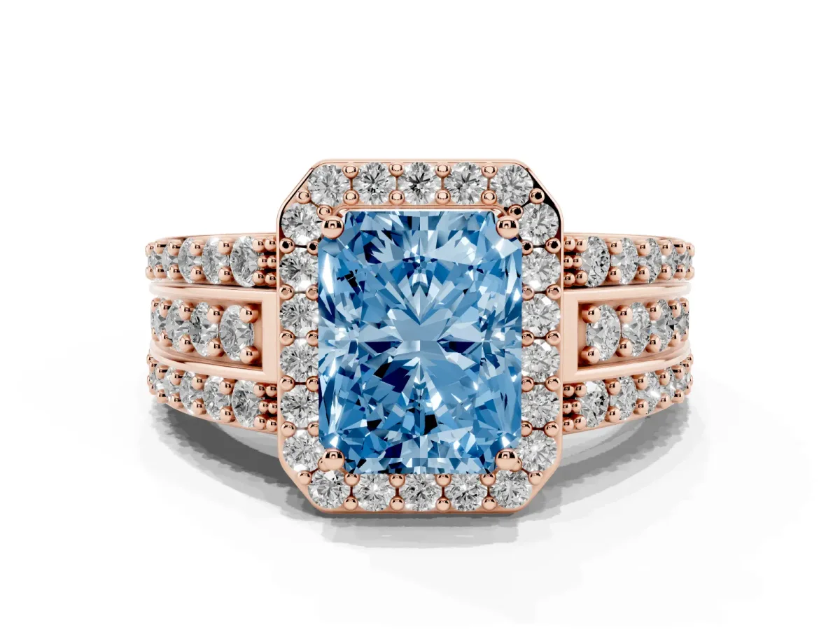Fancy Blue Radiant Cut Halo Diamond Ring with Round Split Shank and Prong Setting Rose gold