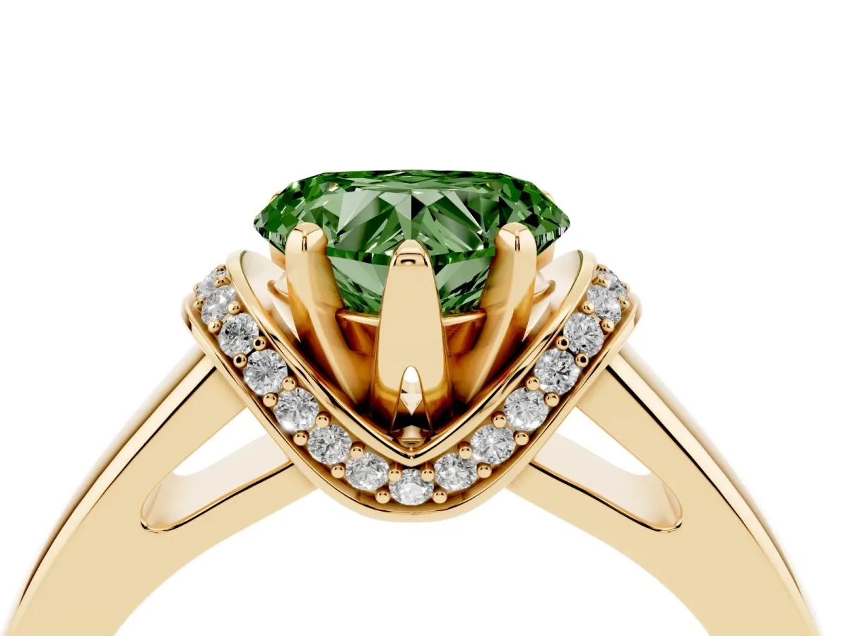 Fancy Green Heart Cut Solitaire Diamond Ring with Pave Band and Six-Prong Setting Yellow gold