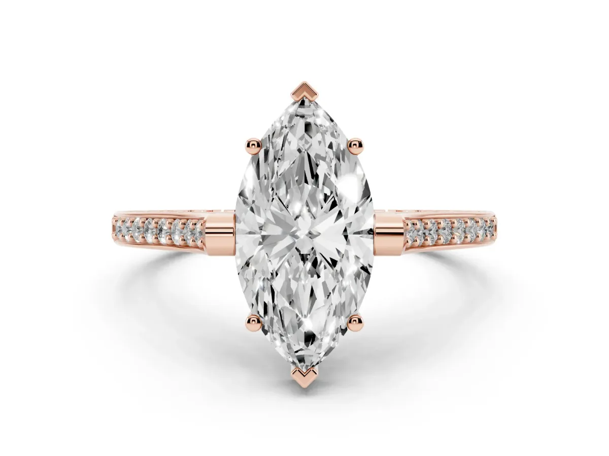 Marquise Cut Solitaire Diamond Ring with Channel Set Band and Bezel Prong Setting Rose gold