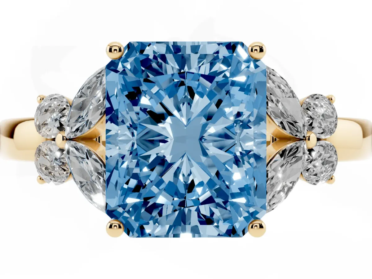 Fancy Blue Radiant Cut Cut Solitaire Floral Diamond Ring with Four-Prong Setting Yellow gold