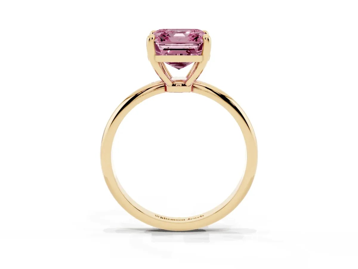 Fancy Pink Asscher Cut Solitaire Diamond Ring with 4-Prong Setting on a Classic Band Yellow gold