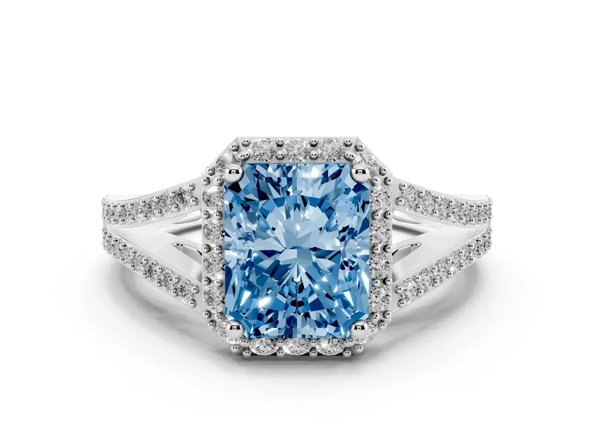 Fancy Blue Radiant Cut Halo Split Shank Diamond Ring with Prong Setting Silver