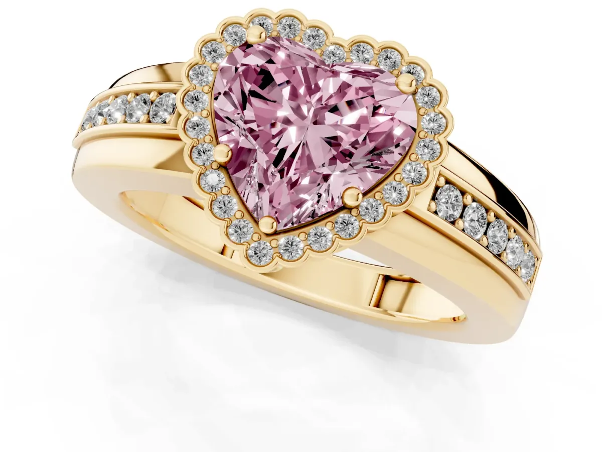Fancy Pink Heart Cut Cut Halo Pave Band Four-Prong Ring Yellow gold
