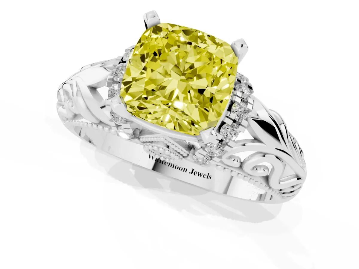 Fancy Yellow Cushion Cut Solitaire Filigree Engagement Ring with Halo and Prong Setting Silver