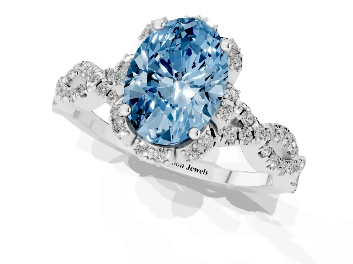 Fancy Blue Oval Cut Halo Twist Band Solitaire Ring with Six-Prong Setting Silver