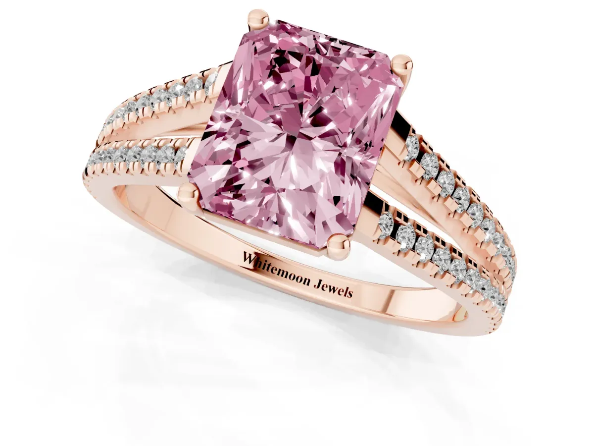 Fancy Pink Radiant Cut Diamond Solitaire Engagement Ring with Split Shank Pavé Band Rose gold
