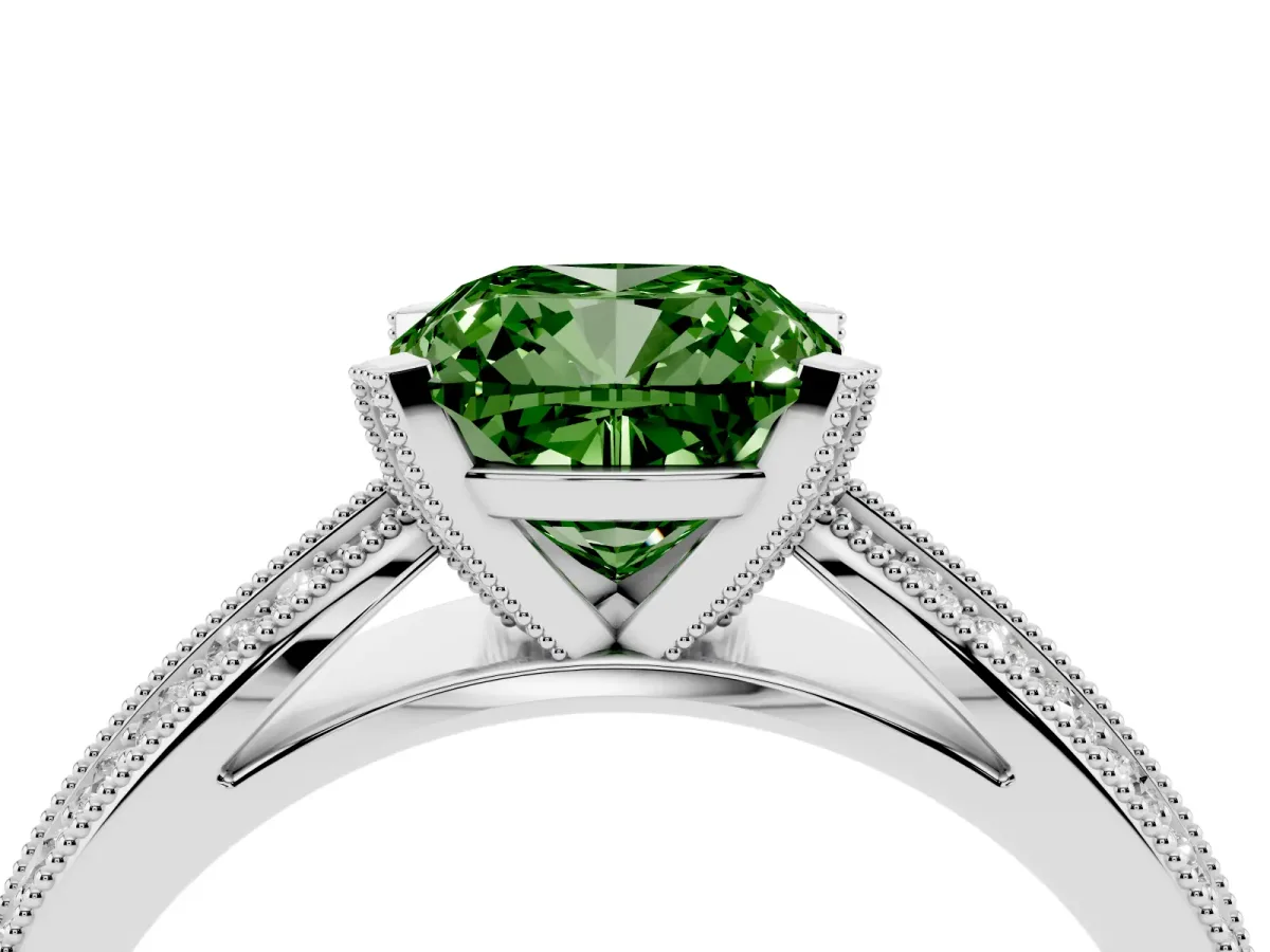 Fancy Green Cushion Cut Diamond Solitaire Ring with Milgrain Round Pavé Band and Prong Setting Silver