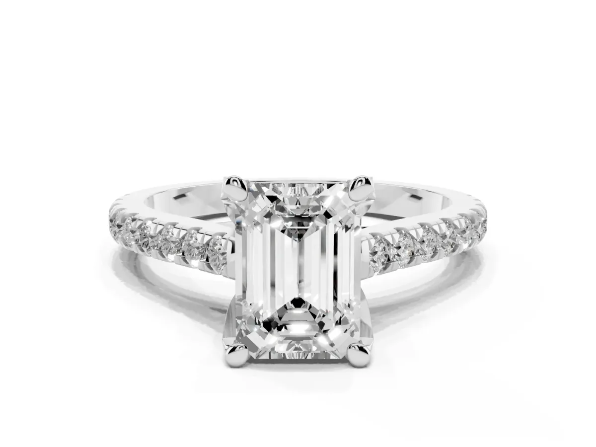Emerald Cut Brilliant Diamond Solitaire with Pavé Band and Four-Prong Setting Silver