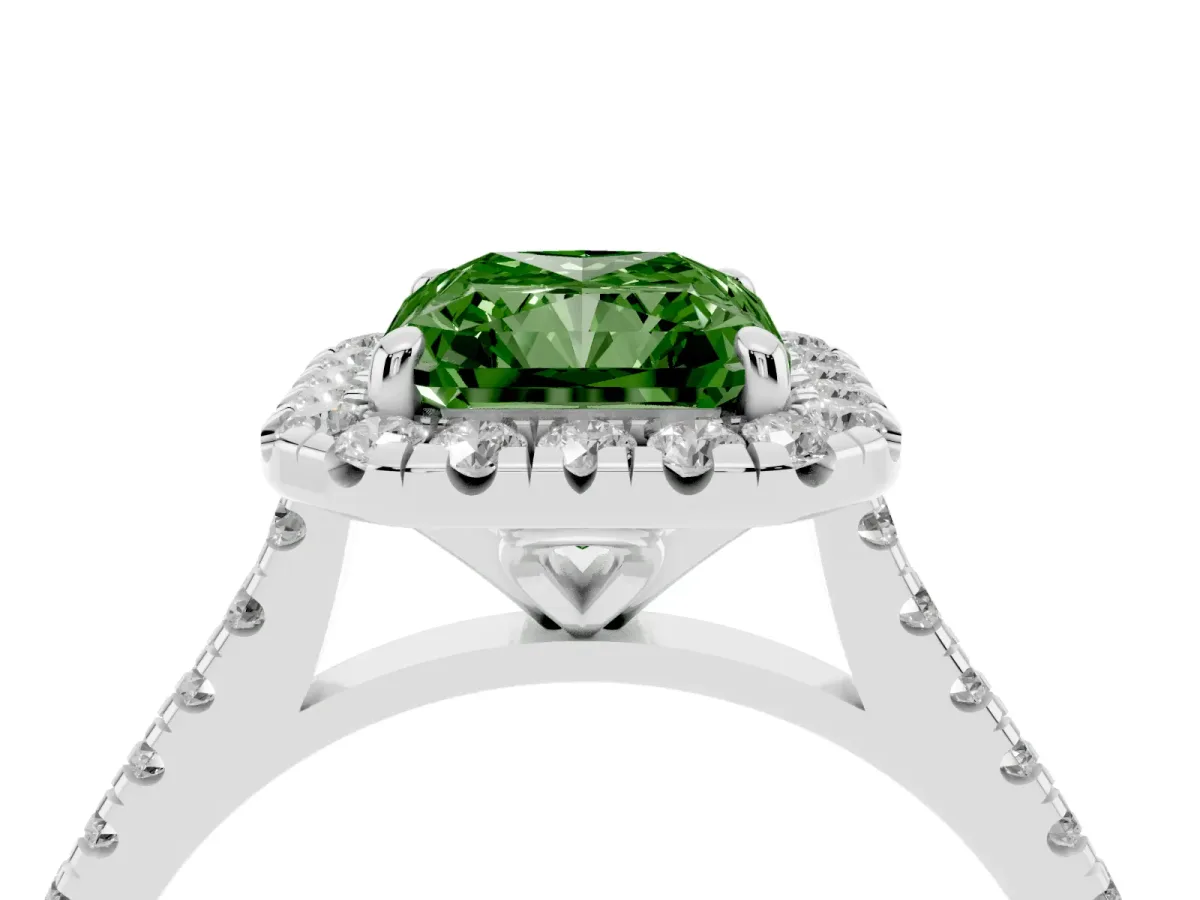 Fancy Green Radiant Cut Diamond Cushion Halo Ring with Pavé Band White gold