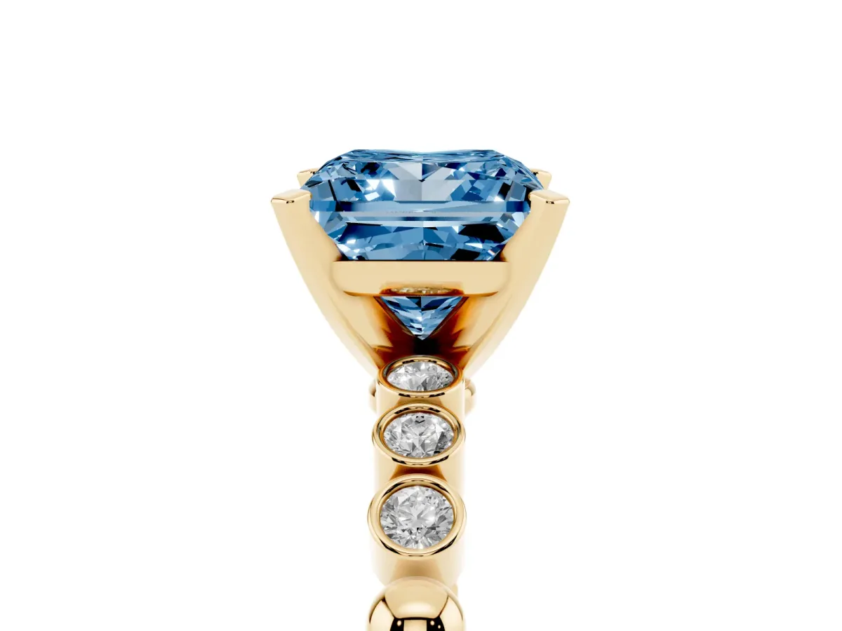 Fancy Blue Princess Cut Solitaire Bezel Accent Diamond Engagement Ring with Beaded Band and Four-Prong Setting Yellow gold