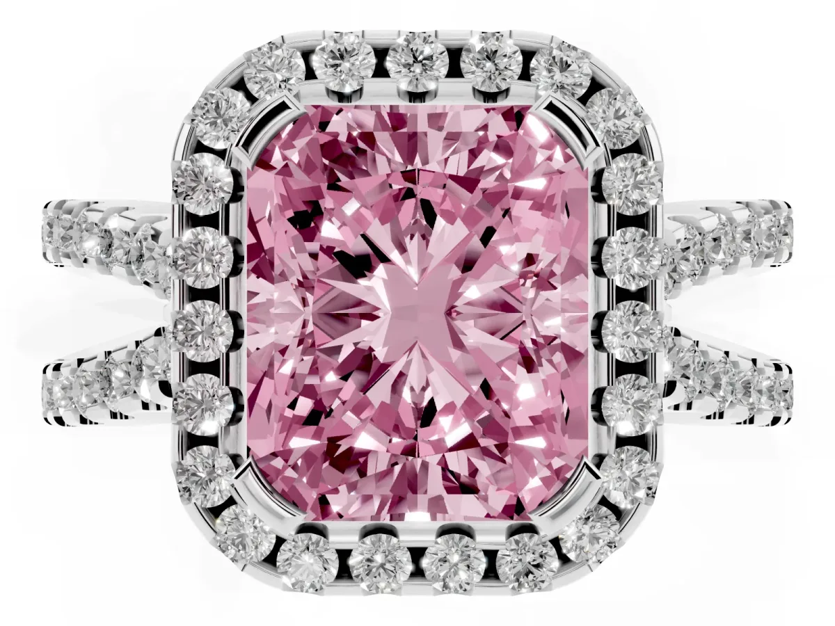 Fancy Pink Radiant Cut Diamond Halo Ring with Split Shank Pavé Band and Prong Setting Silver