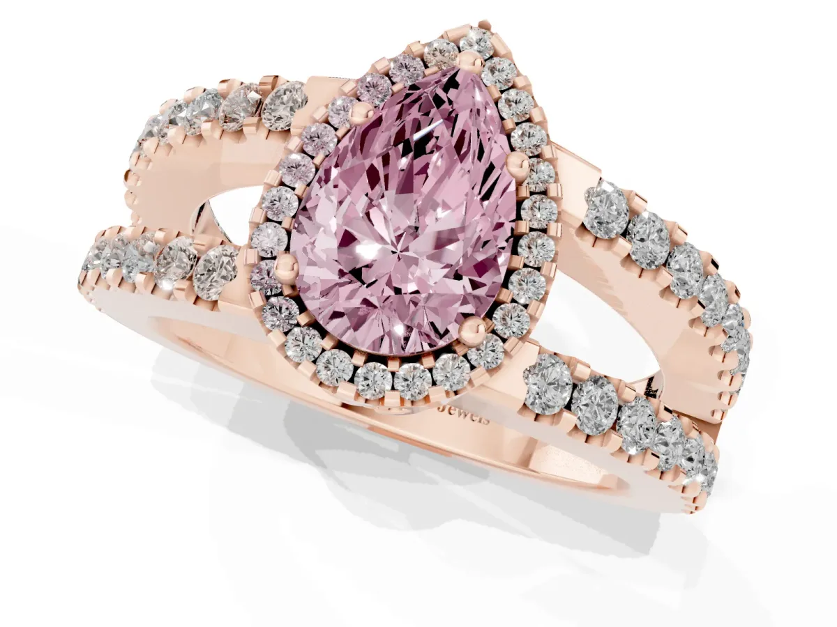 Fancy Pink Pear Cut Cut Halo Split Shank Diamond Ring with Four-Prong Setting Rose gold