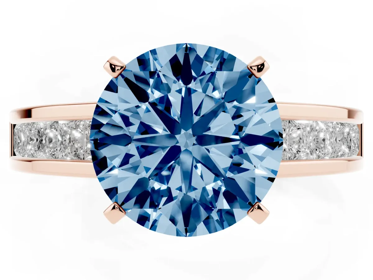 Fancy Blue Round Cut Solitaire Diamond Ring with Channel-Set Band and Four-Prong Setting Rose gold