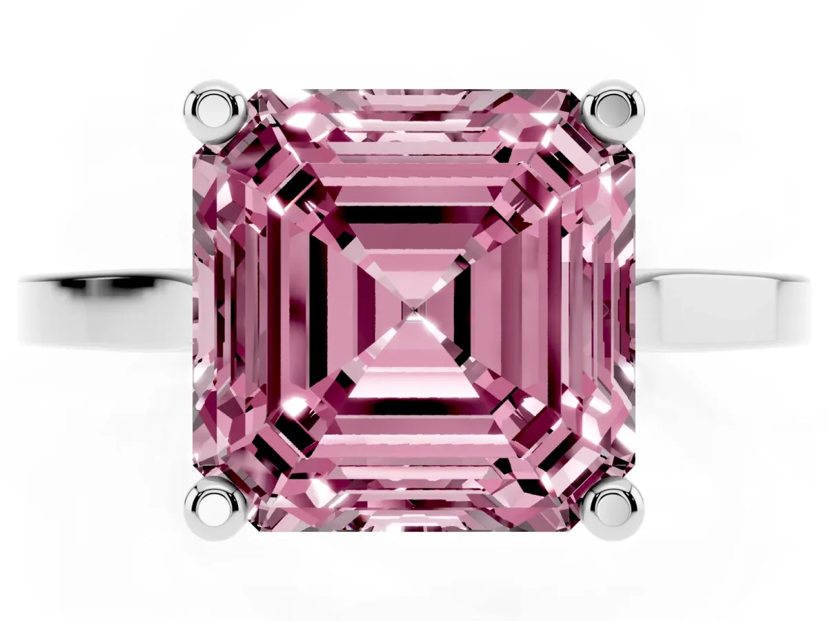 Fancy Pink Asscher Cut Solitaire Diamond Ring with Four-Prong Setting and Tapered Band Platinum