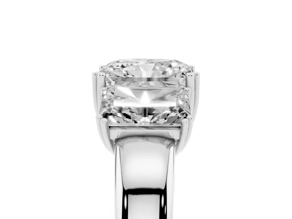 Three-Stone Radiant Cut Cut Diamond Ring with Channel Set Band and Four-Prong Setting Silver