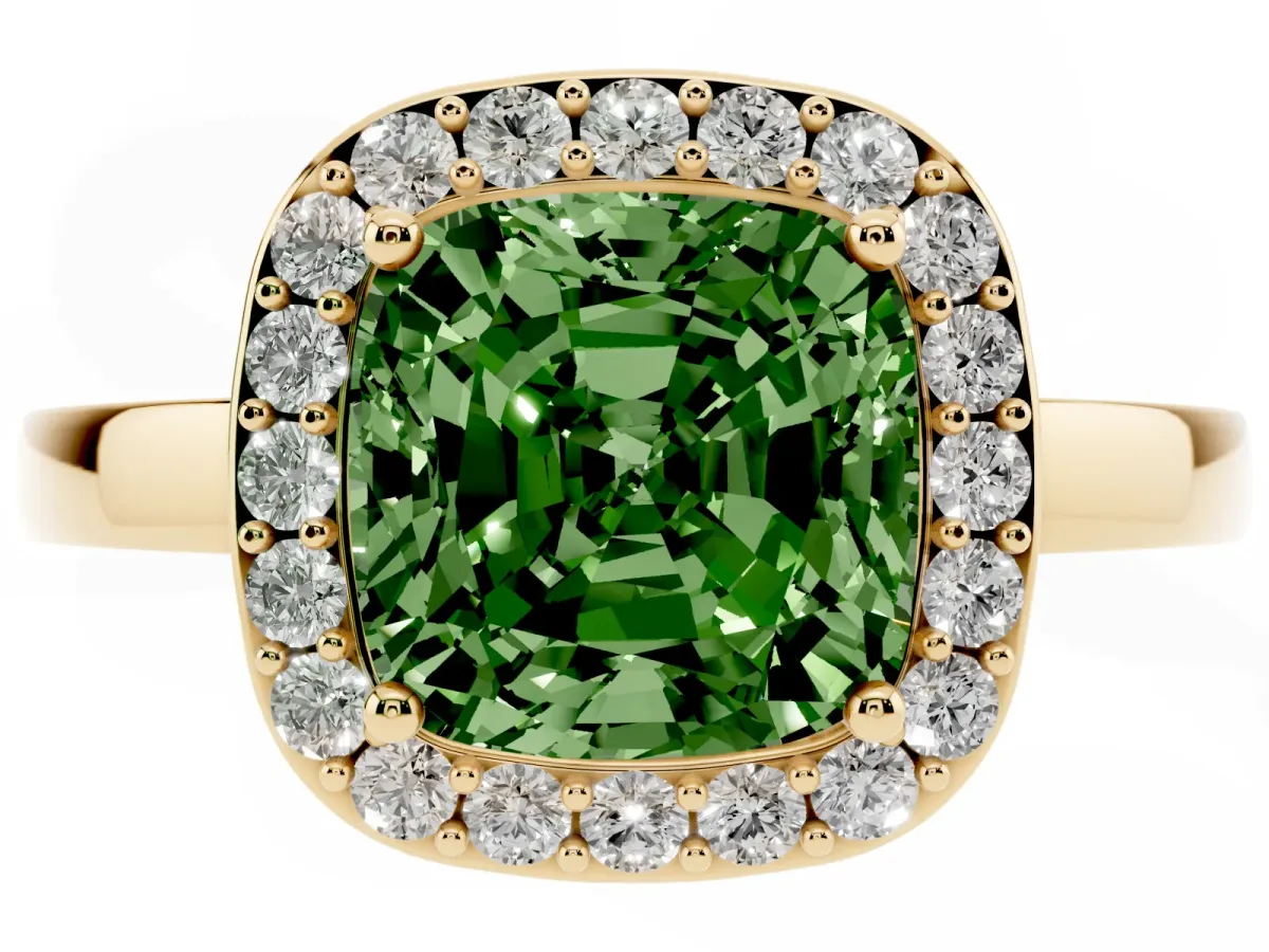 Fancy Green Cushion Cut Halo Diamond Ring with Solitaire Band and Prong Setting Yellow gold