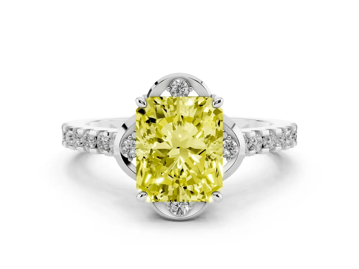 Fancy Yellow Radiant Cut Diamond Ring with Pavé Band and Floral Prong Setting White gold