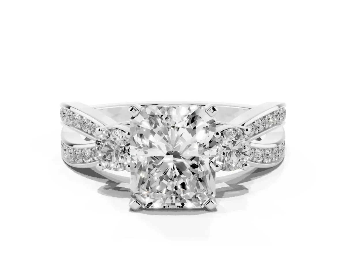 Three-Stone Radiant Cut Cut Diamond Twist Band with Prong Setting Silver