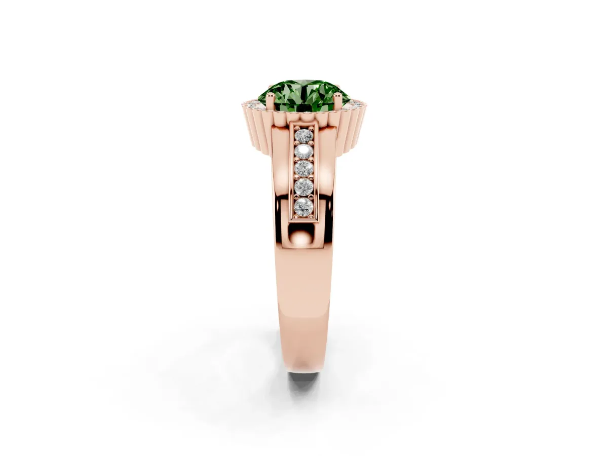 Fancy Green Round Cut Cut Halo Pave Band Four-Prong Ring Rose gold