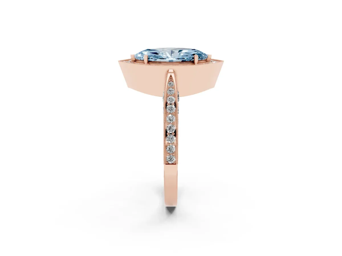 Fancy Blue Marquise Cut Halo Diamond Engagement Ring with Split Shank Band and Four-Prong Setting Rose gold
